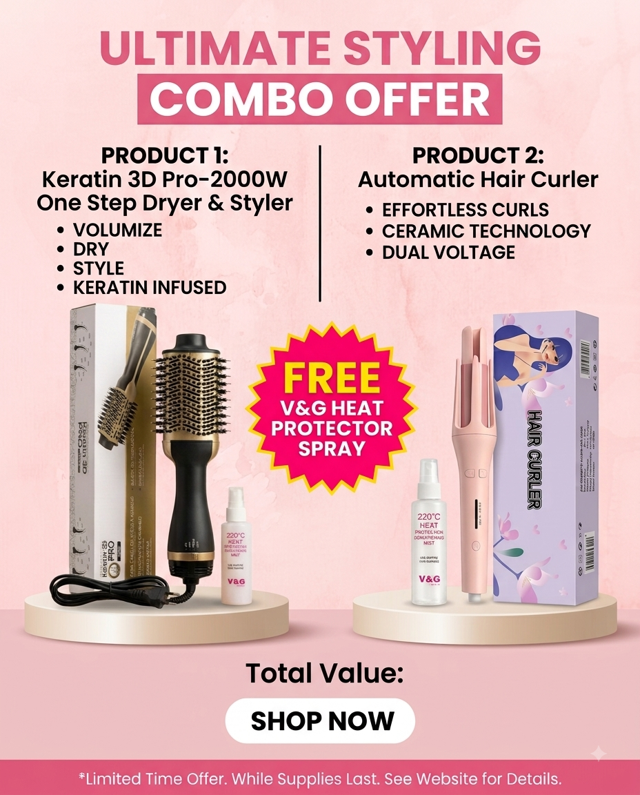 Keratin 3D Pro Dryer+ Automatic Curler Combo Set free Heat Protector